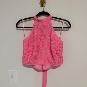 Amanda Uprichard Pink Geometric Lace Halter Crop Top Bow Back Size M